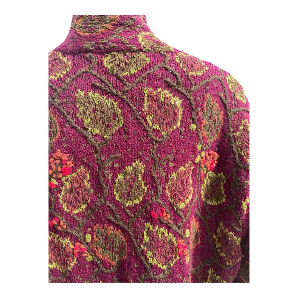 VTG 1997 Hand knit Burgundy Autumn Leaf Long Cardigan Sigrid Olsen sz XL - Picture 6 of 10